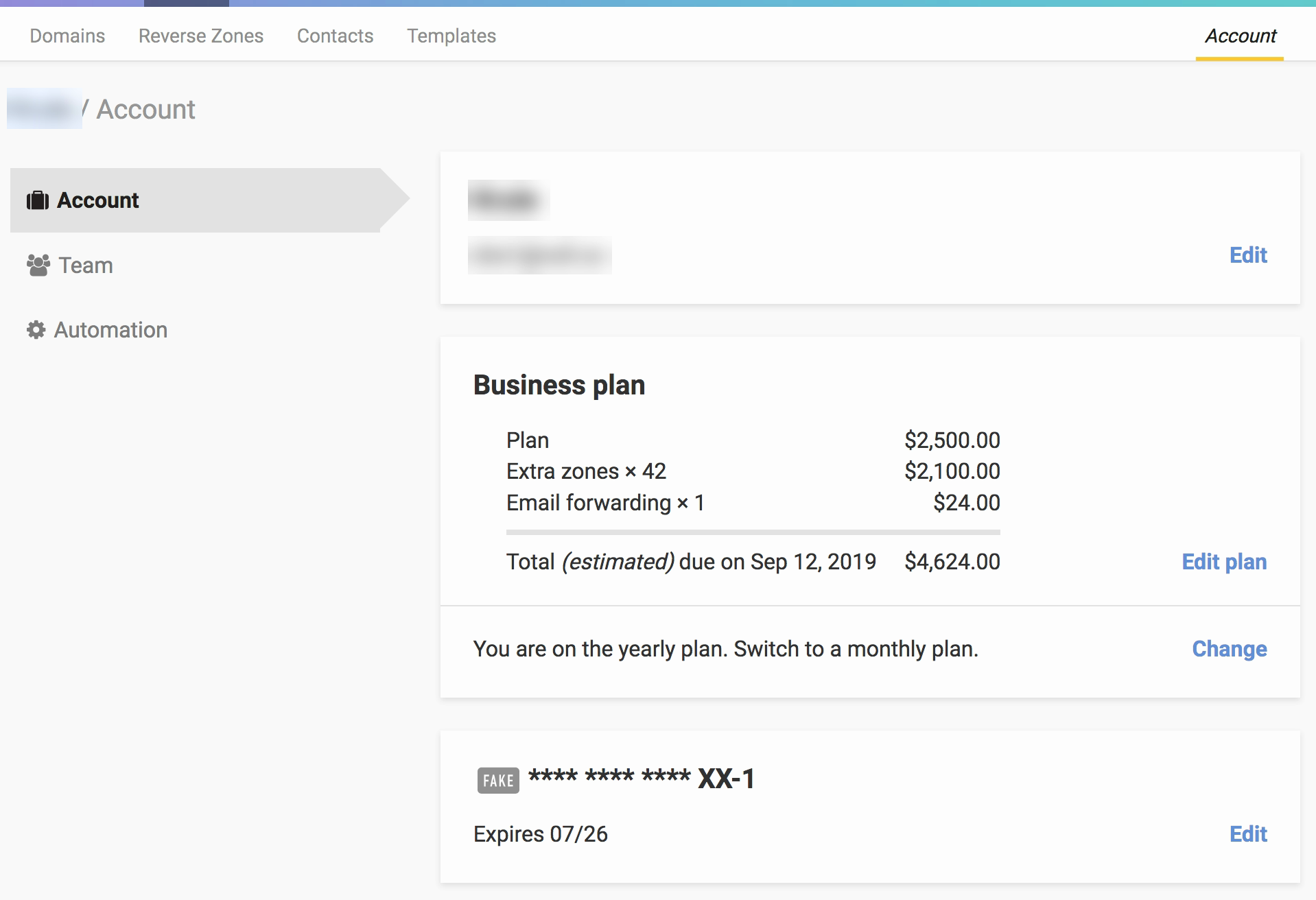 Second version as shipped: the sidebar returns with Account, Team and Automation, next to the plan breakdown