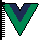Pixel-art Vue logo dissolving into scattered pixels as a black comb sweeps across it